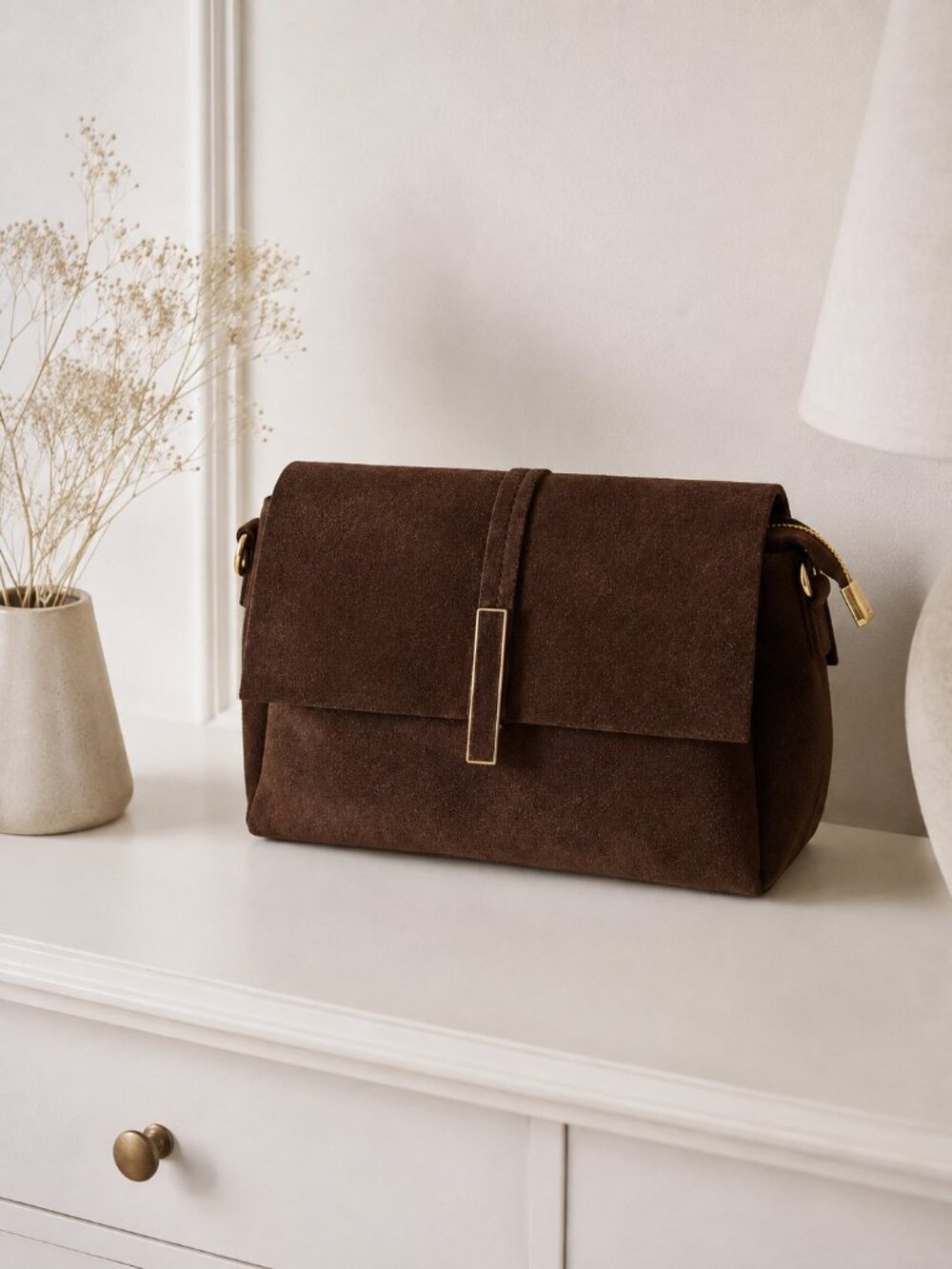Cognac Italian Suede Crossbody Bag, Leather Shoulder Purse, Gold Hardware
